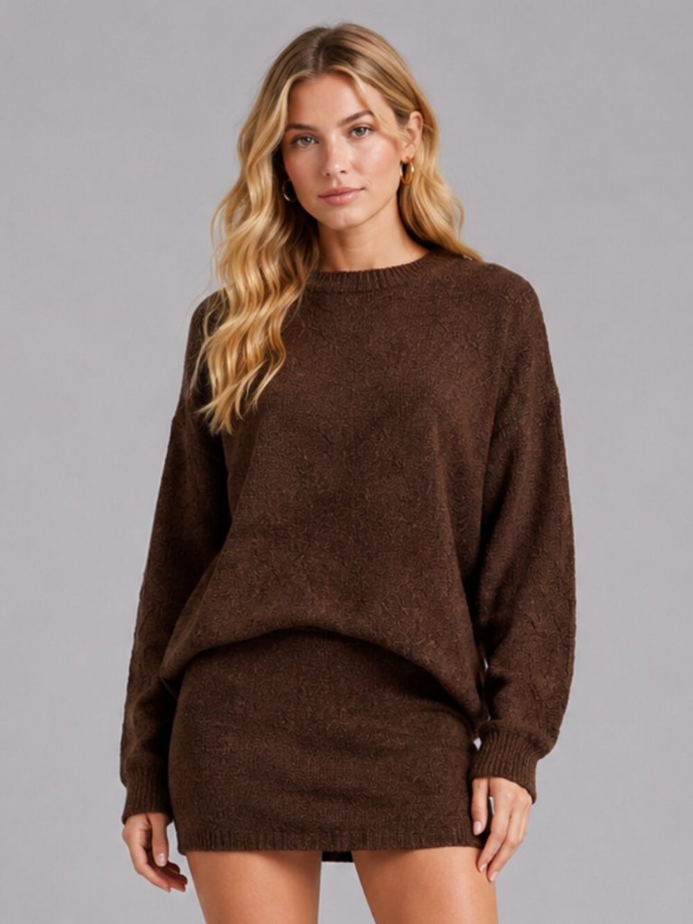 Women's Brown Knit Sweater & Mini Skirt Set Wool Blend Cozy Two Piece Outfit Set